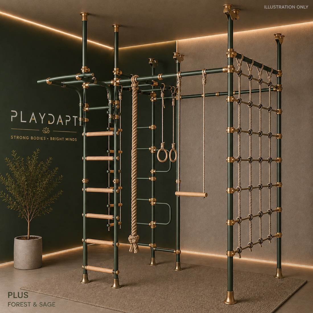 The Playdapt Climber gym in forest green, installed in a family living space